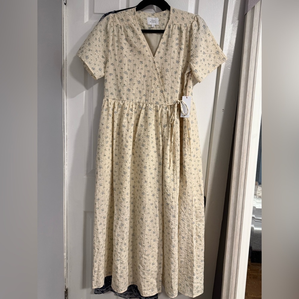 Blue Floral Cream Midi Wrap Dress